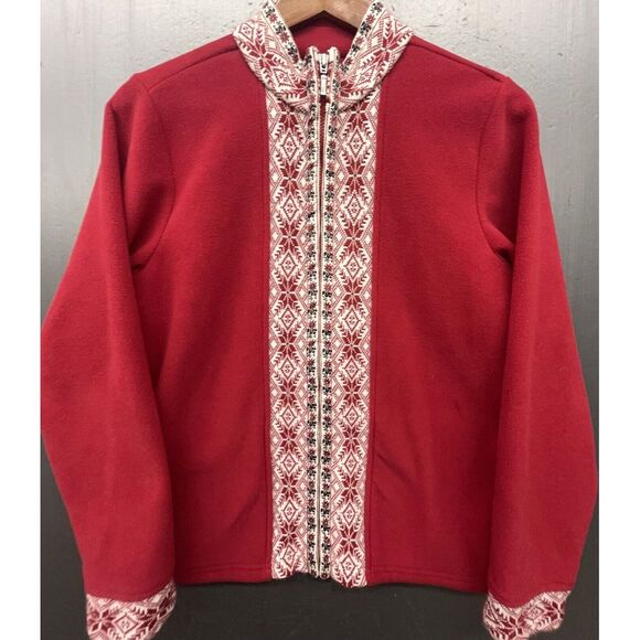LL Bean Fleece Sweater Women M Red Nordic Fair Isle Full Zip Jacket Christmas - Picture 1 of 15